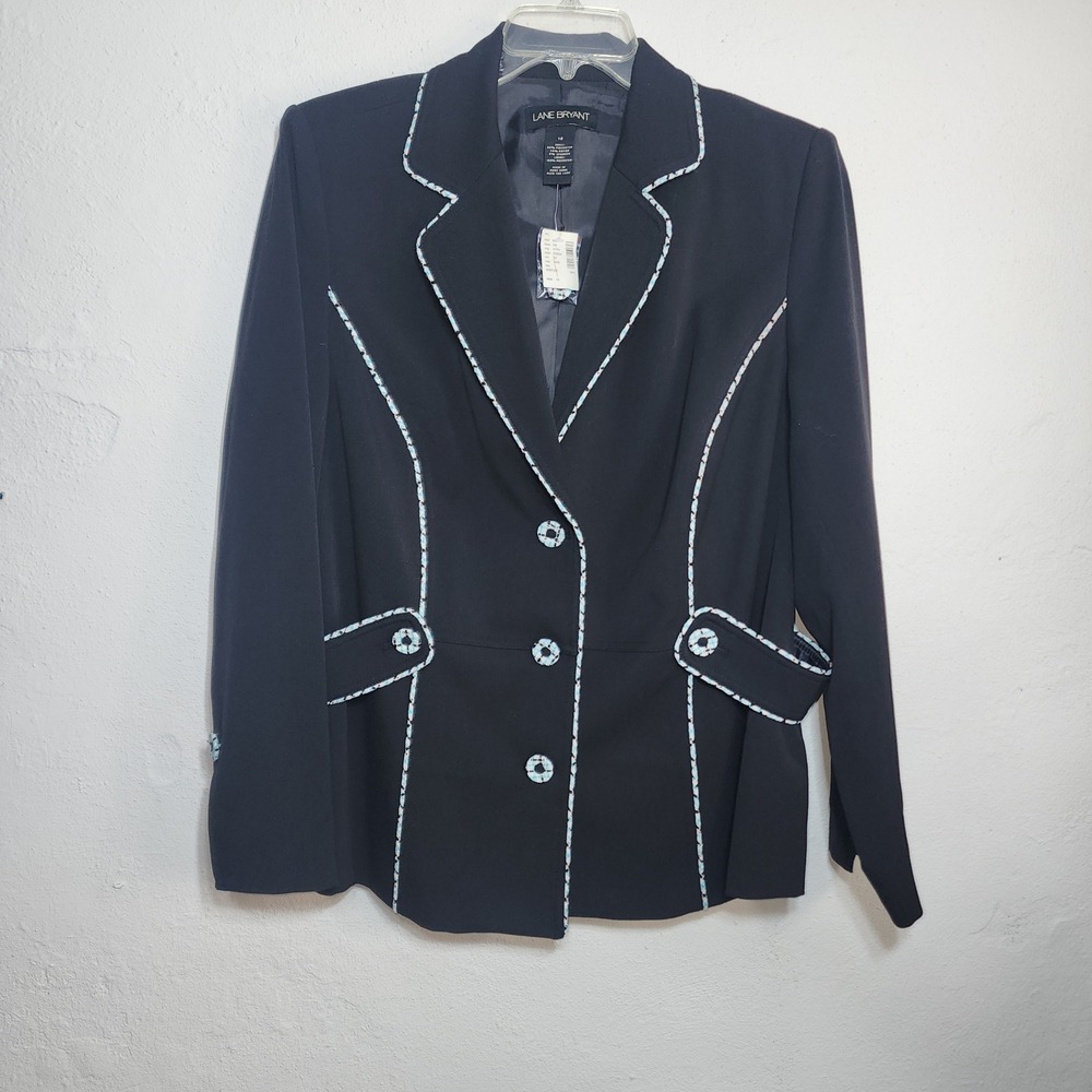 Lane Bryant Blazer Women 16 Poly Rayon Black Blue Contrast Trim Career 3 Button